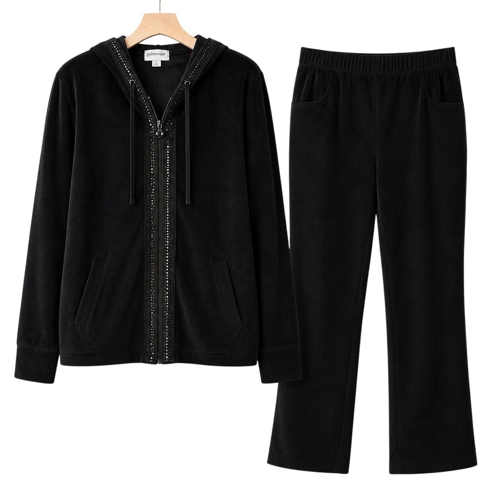 Glitterscape Black Velour Rhinestone Tracksuit Set Zip Hoodie Pants Large